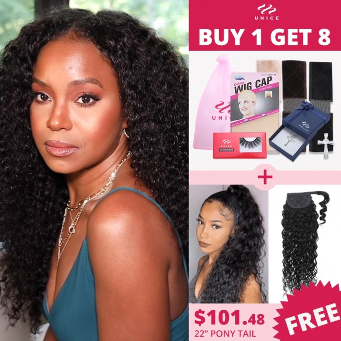 Brand Day BOGO Free  Magic Dry Straight & Wet Curly Wig 2 Styles in 1 V Part Curly Human Hair Black Wig