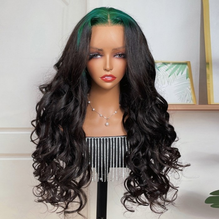 UNice Neon Green Roots Black Hair Loose Wave 13x4 Lace Front Wig