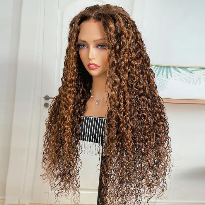 UNice 13x4 Lace Front Brown Water Wave Wig With Amber Highlights