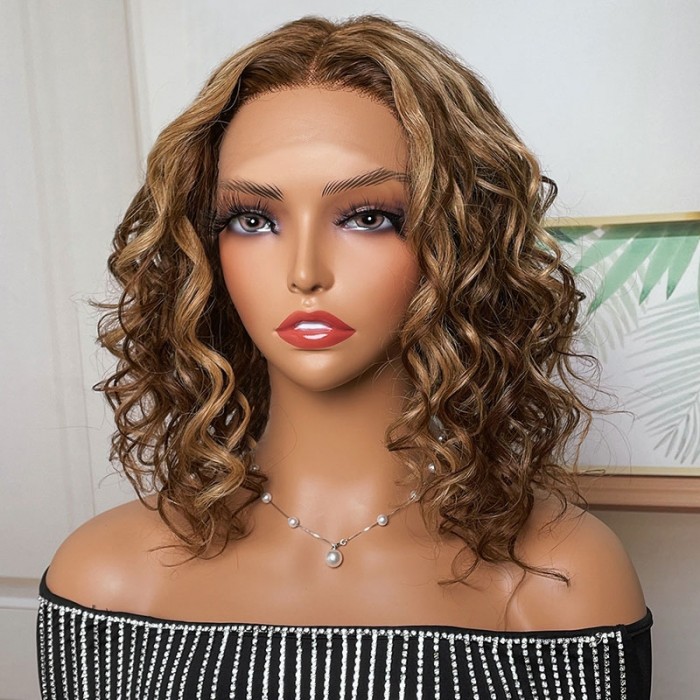 UNice Short Wavy Light Brown Lace Part Wig With Caramel Highlight And Bouncy Curls