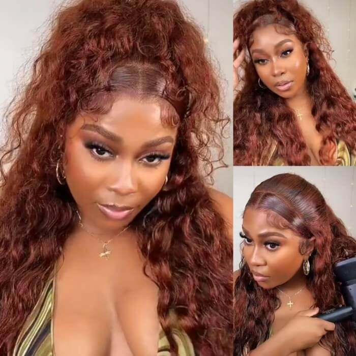 UNice Facebook Special Dark Auburn Color Water Wave 13x4 Lace Front 150% Density Wig