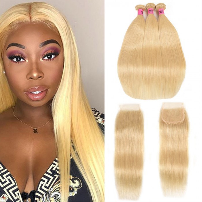 UNice Hair 3 Bundles 613 Blonde Straight Human Hair Weaves With 4X4 Lace Closure