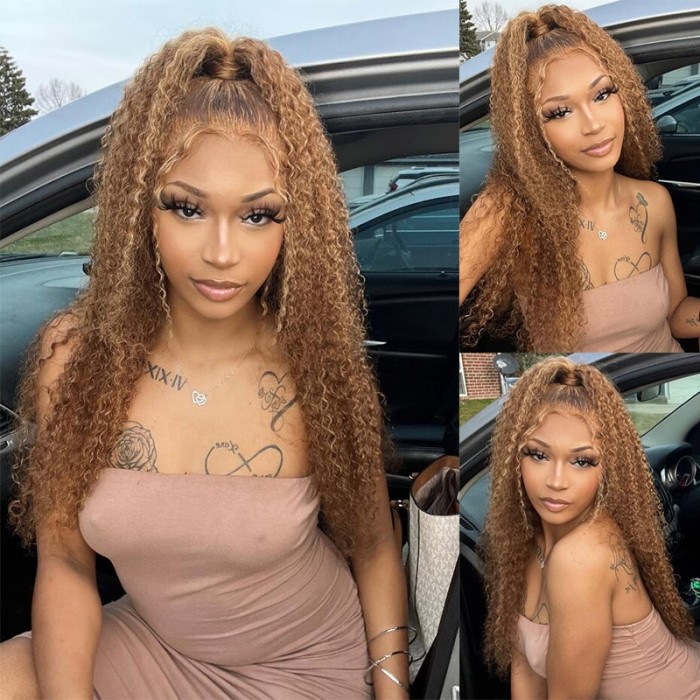 Ombre Honey Blonde Highlight Curly Human Hair 13x4 Lace Front Wigs