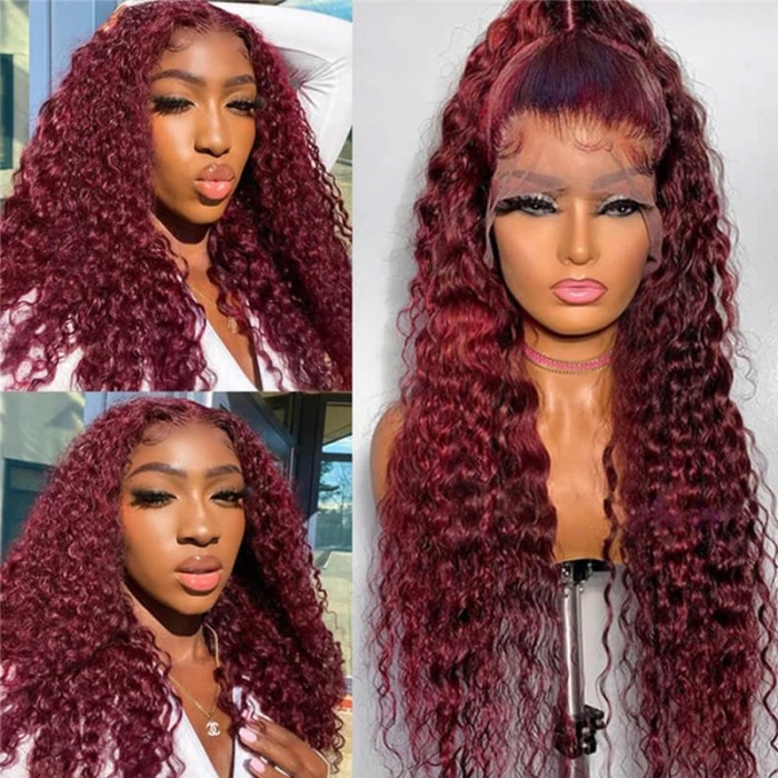 UNice Red Wine Colored 99J Lace Part and 13x4 Lace Front Jerry Curly Wig
