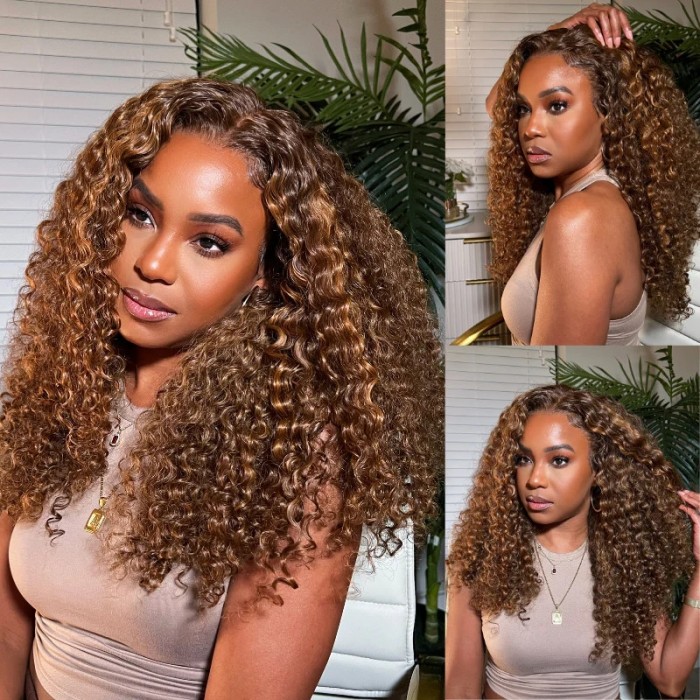 UNice 13x4 Lace Front Brown Water Wave Wig With Amber Highlights