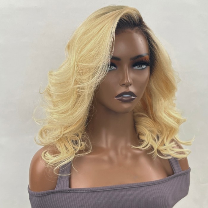 UNice Dark Roots Blonde 13x4 Lace Front Big Wave Short Wig With Side Bangs