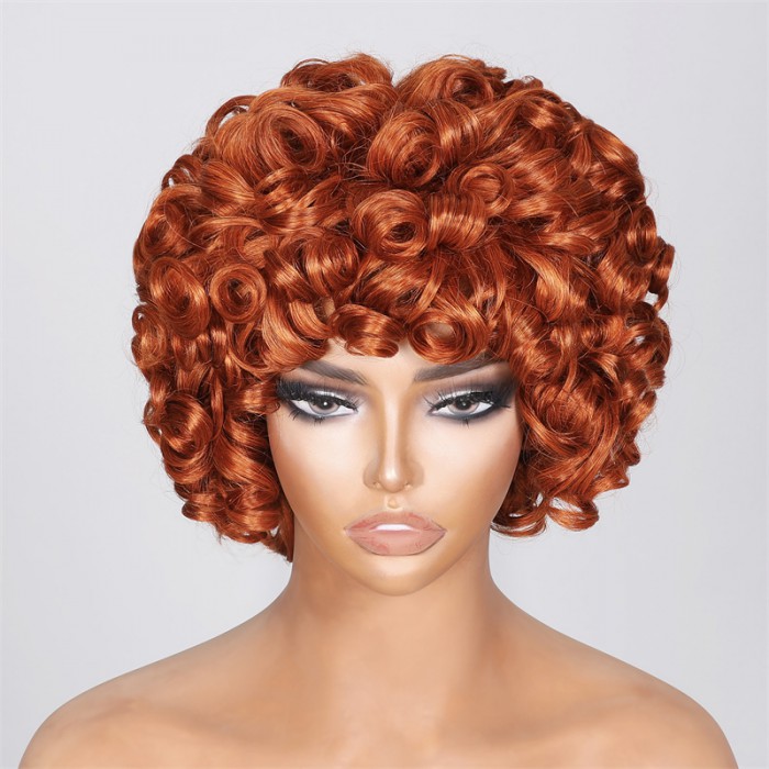 UNice Machine Made Glueless Dark Red Copper Bouncy Curly Bob Wig With Bangs	
