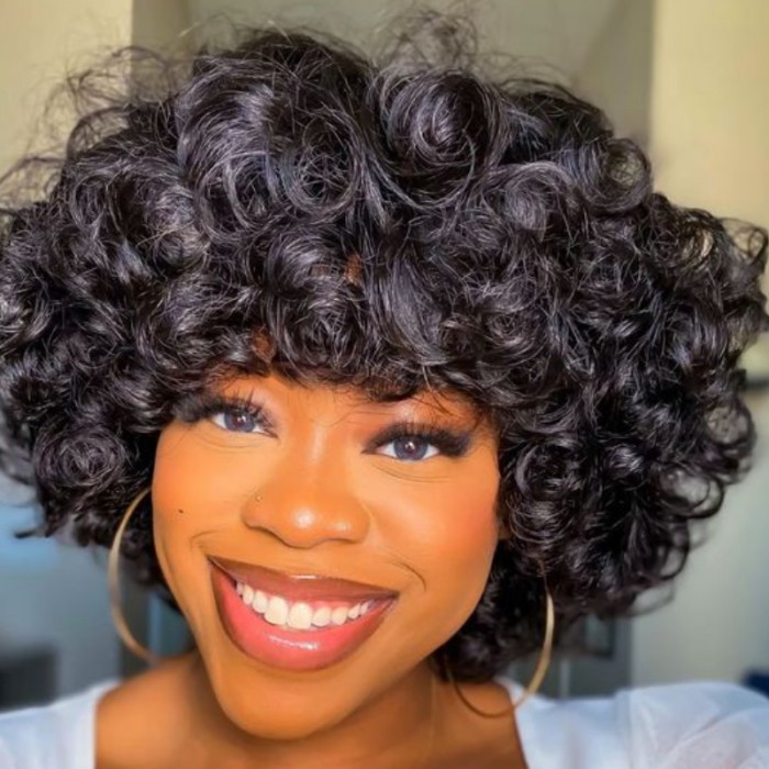 UNice Machine Made Glueless Black Bouncy Curly Bob Wig With Bangs