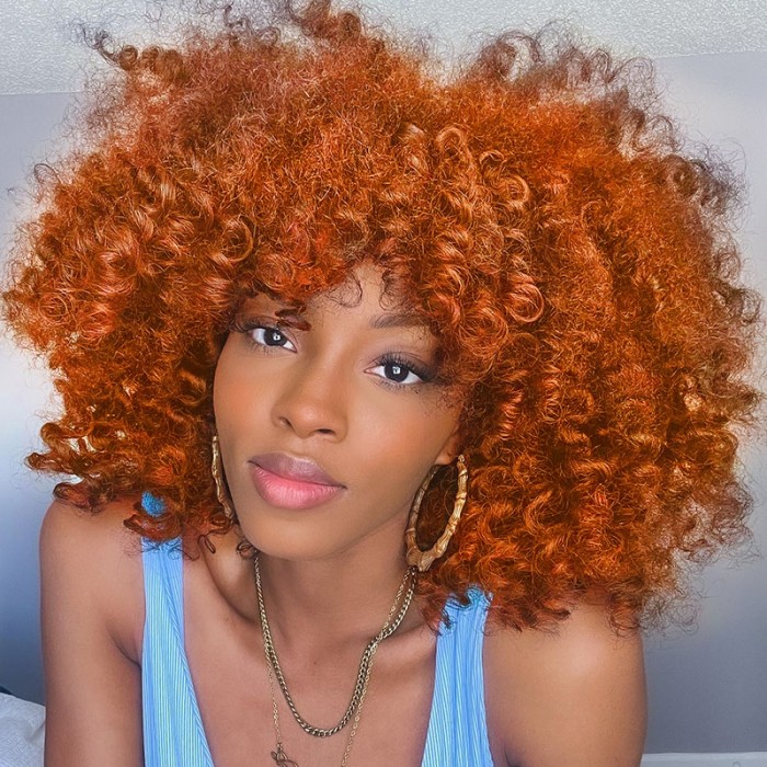 UNice Burnt Orange Glueless Non Lace Afro Kinky Curly Wigs with Bangs