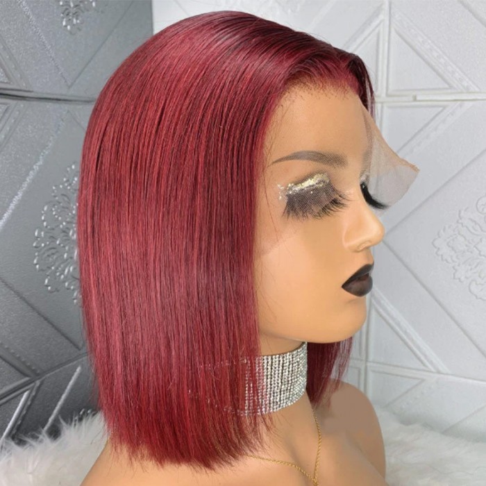 UNice Blunt Cut Neck Length 13x5 T Part Straight Bob Wig With Dark Red Burgundy Color
