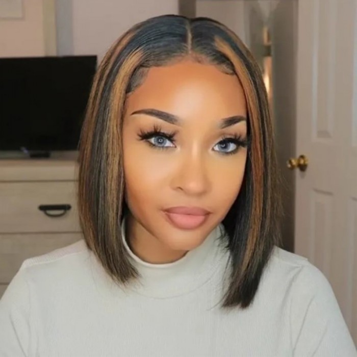 UNice Blunt Cut Straight Bob With Copper Brown Highlights 4x0.75 Lace Part Wig