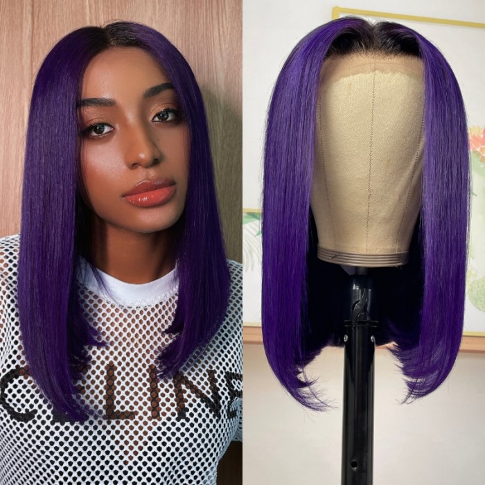 UNice Lace Front Blunt Cut Bob Dark Purple Wig With Dark Roots