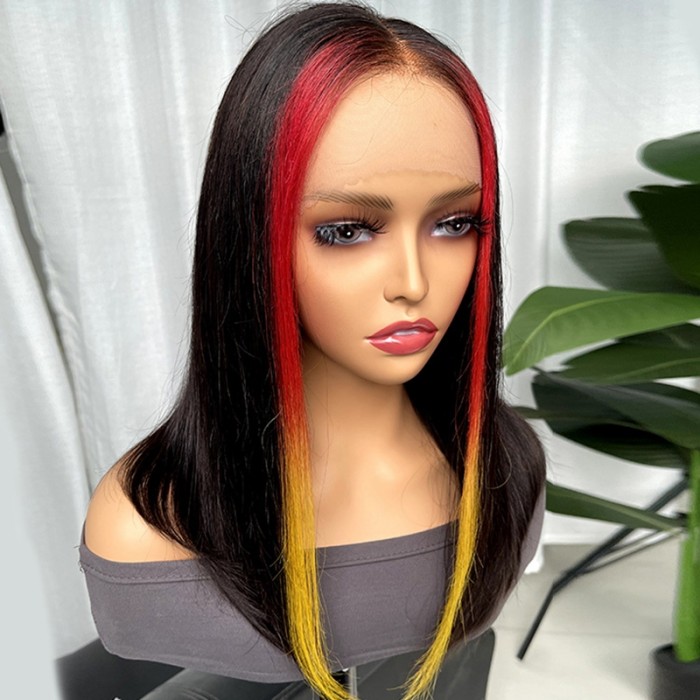 UNice Straight Bob Human Hair Wig with Fiery Red Face Flaming Highlight 