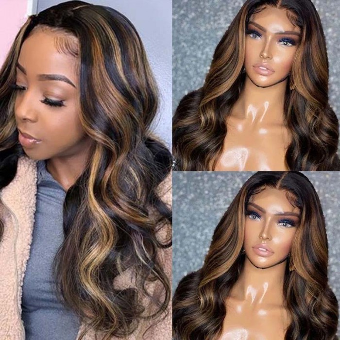 Mix Color Body Wave T Part Lace Front Wig Bronde Highlight With Baby Hair