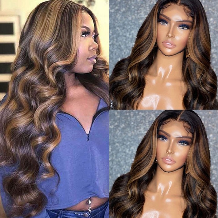 Brand Day BOGO Free  Highlight Balayage #FB30 Body Wave Lace Front T Part Wig Shadow Root Blonde Highlight Human Hair Wigs With Baby Hair