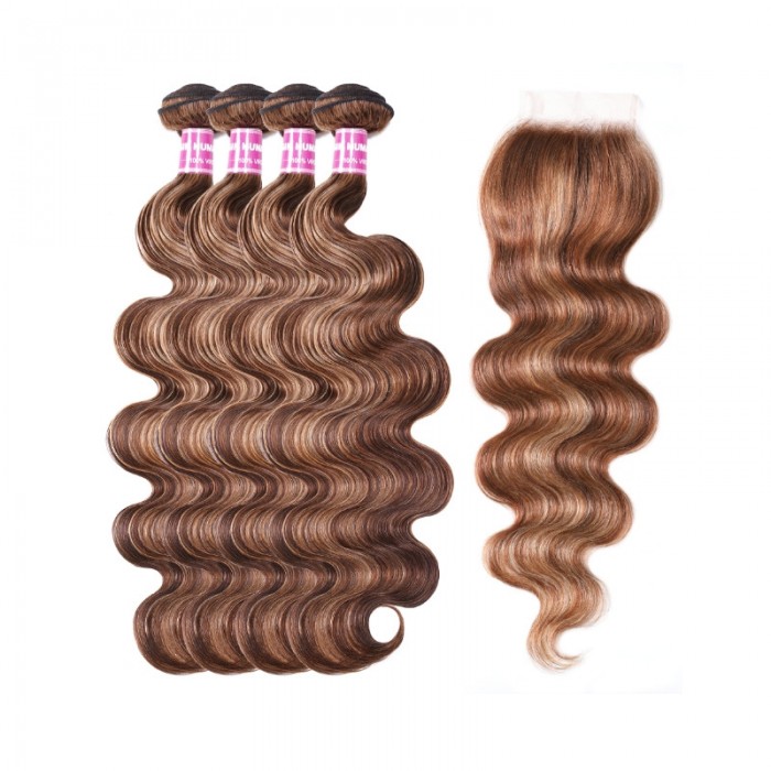 UNice Honey Blonde Piano Highlighted Body Wave 4Pcs Bundles With Closure