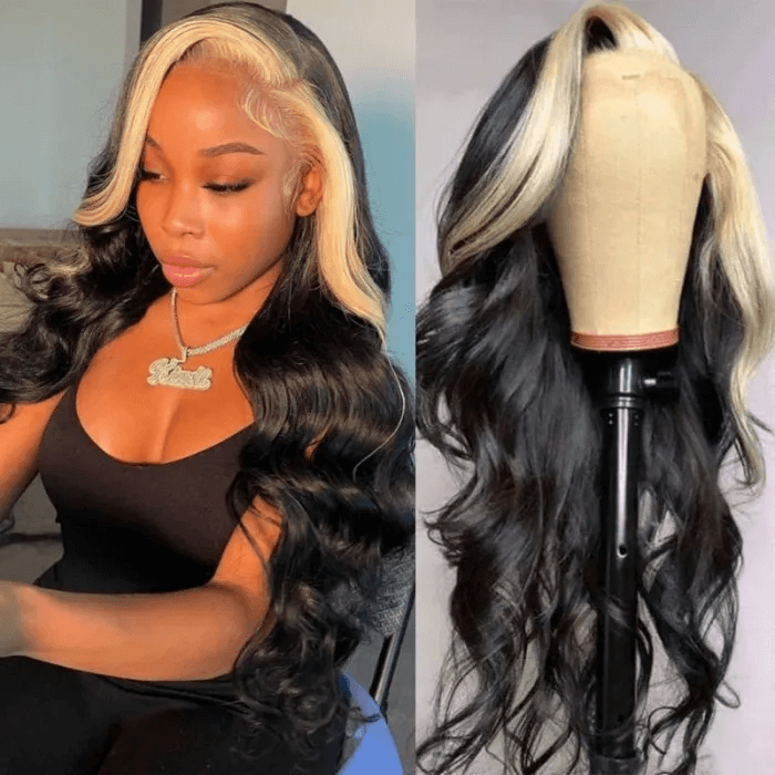 UNice Skunk Stripe 13x4 Lace Front Body Wave Wig With Blonde Highlights
