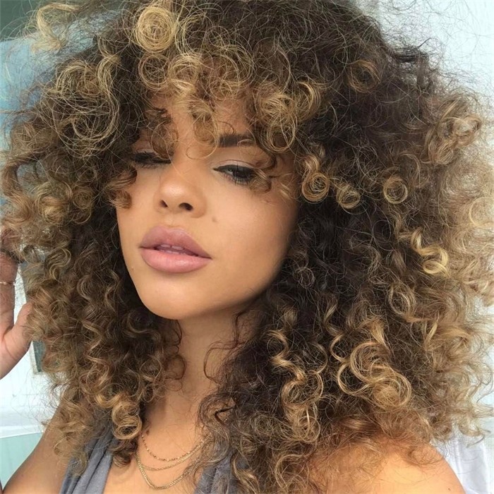 12 Inch Highlight Brown Glueless Deep Wave Honey Blonde Wig with Bangs