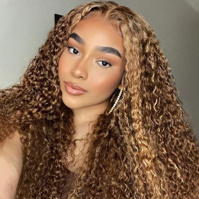 UNice 13x4 Pre Cut Lace Front Highlighted Honey Blonde Kinky Curly Wig With Baby Hairs