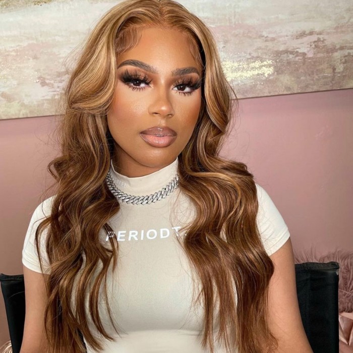 UNice Light Brown with Chunky Blonde Highlights Loose Wave Frontal Wig