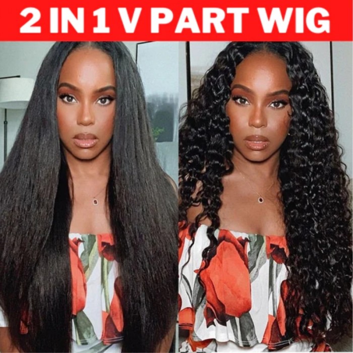 UNice Magic Dry Straight & Wet Curly Wig 2 Styles in 1 V Part Curly Human Hair Black Wig