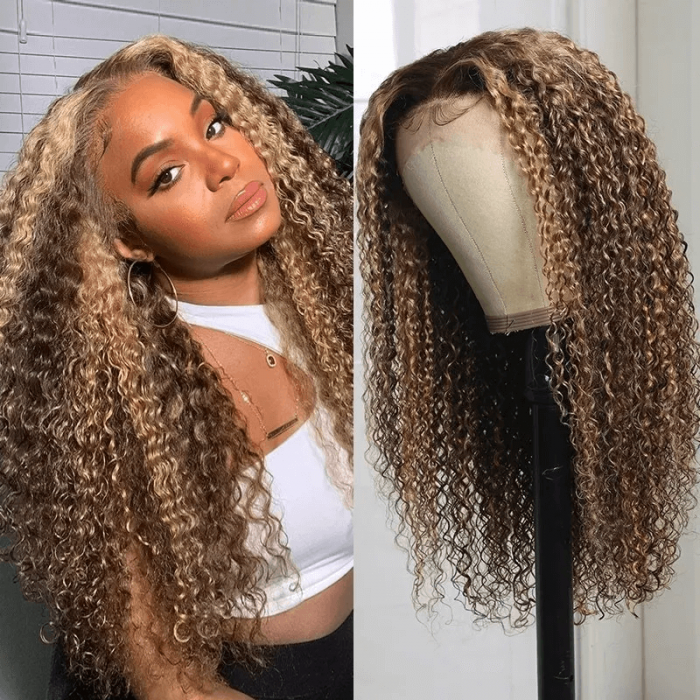 UNice Jerry Curly 4x4 Lace Closure Honey Blonde Balayage On Brown Wig
