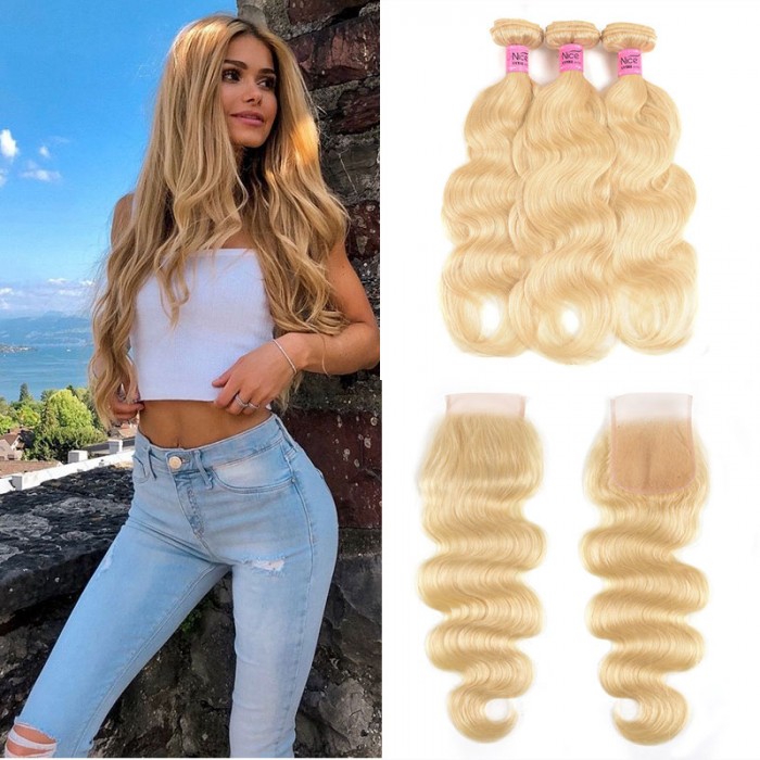 UNice 100% Virgin Human Hair 3PCS 613 Blonde Color Body Wave With 4x4 Lace Closure