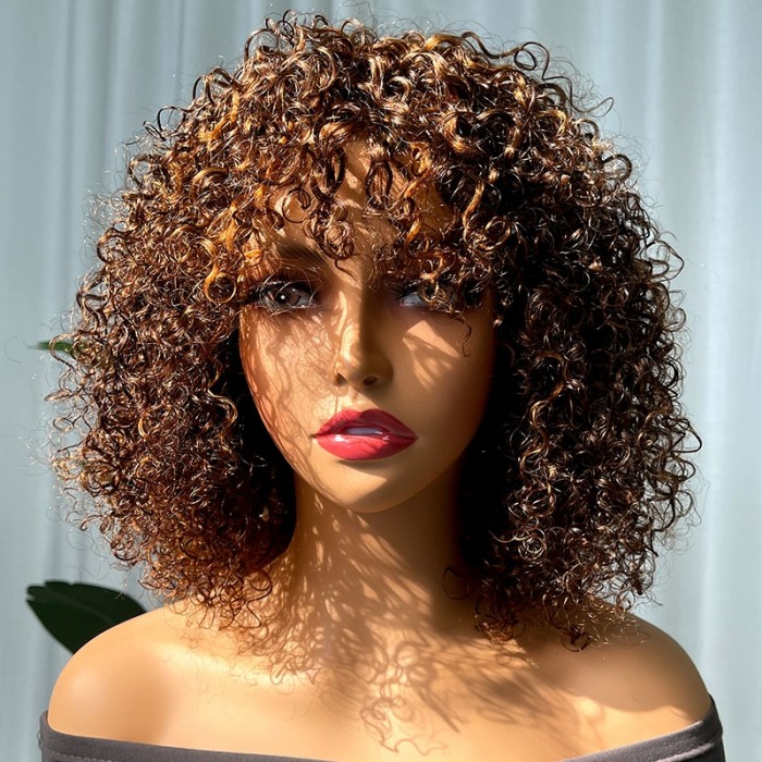 UNice Glueless Curly Bob Brown Highlights Wig With Curtain Bangs