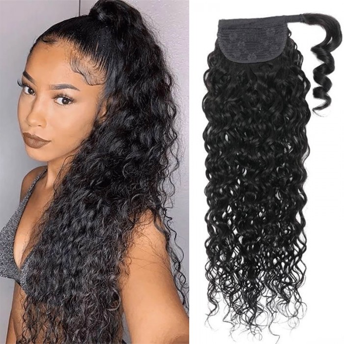 UNice Clip in Ponytail Extension Water Wave Human Hair Wrap Around Curly Wavy Ponytails