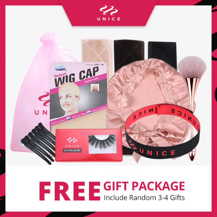 Unice Free Gifts Package, Include Random 3-4 Gifts : Wig cap, 3D Mink Eyelashes, Section Clips, Night Cap, Elastic Headband, Makeup Brush