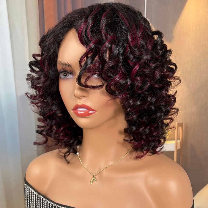 UNice Voluminous Curly Bob 99j Highlighted Glueless Wig With Bangs And Wand Curls
