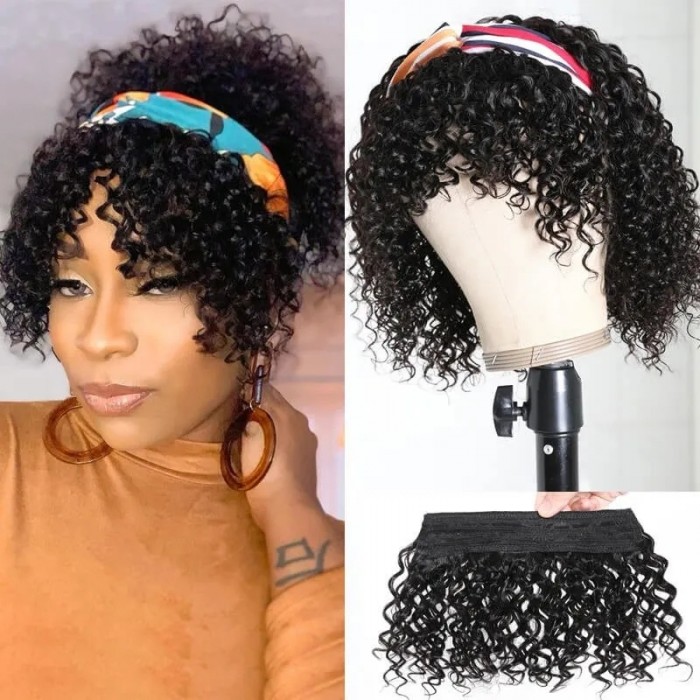 Short Jerry Curly Headband Wigs With Bangs 2 In 1 Styles