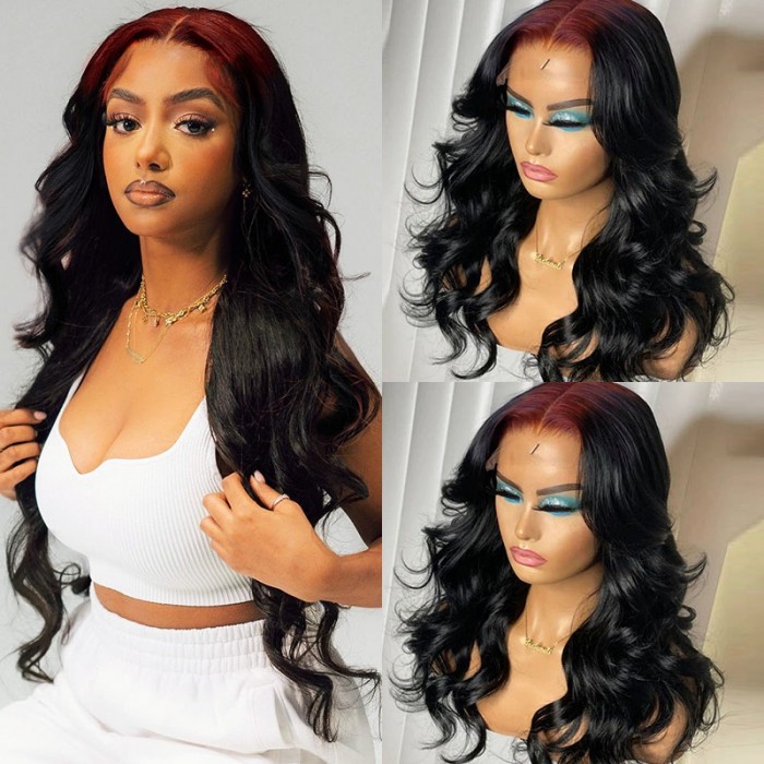 UNice Skunk Stripe Hair Sparkle 99J Colored Roots Two-tone Hair Colors Straight 13x4 Lace Front Wig