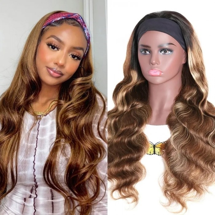 Ombre Highlight Brown Headband Human Hair Wig Body Wave Wig 150%