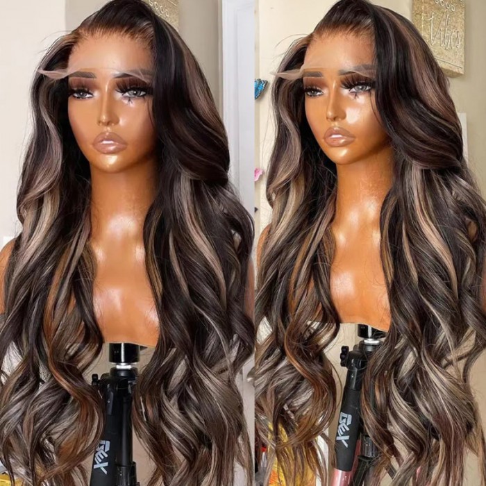 UNice 13x4 Lace Front Black Purple Ombre With Blonde Highlights Body Wave Wig