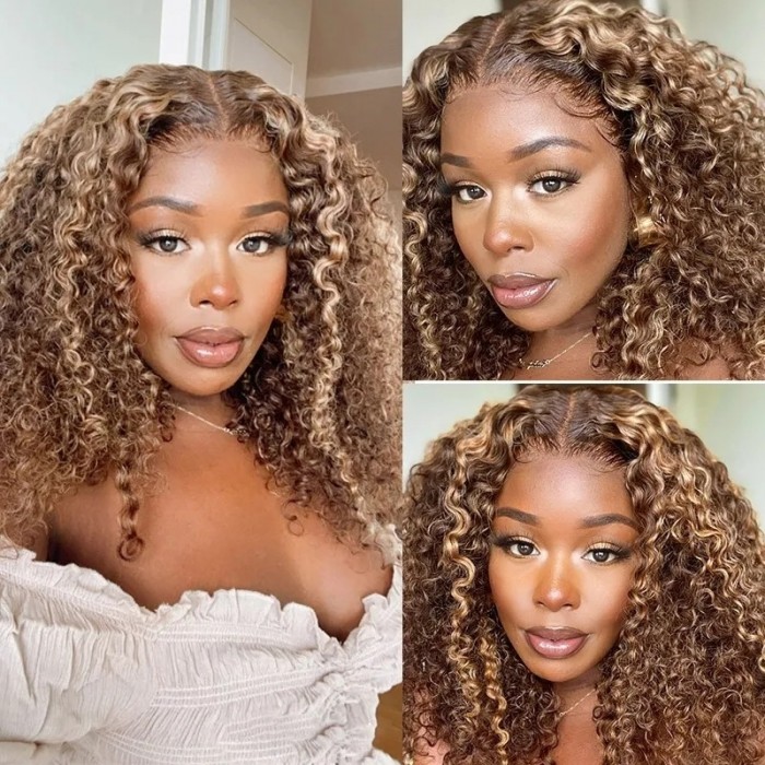 Ombre Curly Human Hair Honey Blonde Money Piece Highlight Lace Front Wigs