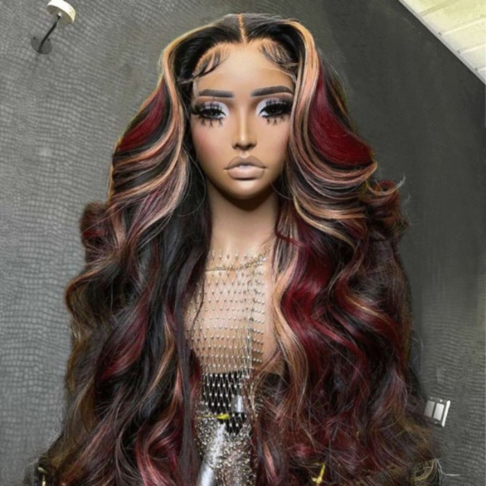 UNice Multi Color Highlights 13x4 Lace Front Red And Blonde Body Wave Wig
