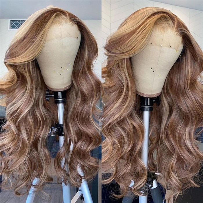 UNice Super Sale Honey Blonde Highlight Lace Front Wigs Pre-plucked Human Hair Body Wave Colored Wigs
