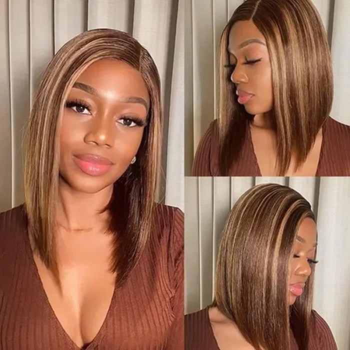 UNice Sun Kissed Brown With Dark Roots Blunt Cut 13x5 T Part Bob Wig