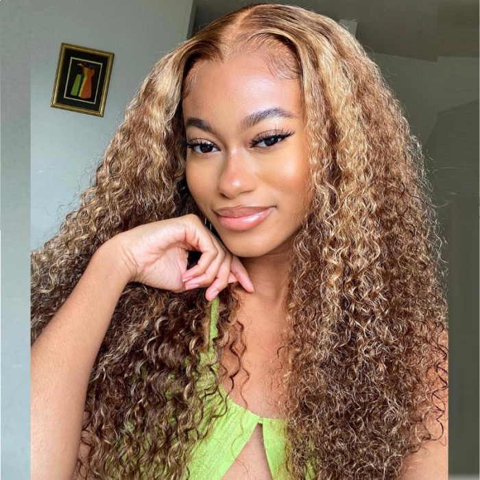 UNice Ombre Honey Blonde Money Piece Highlight 13x5 Lace Part Curly Human Hair Wigs