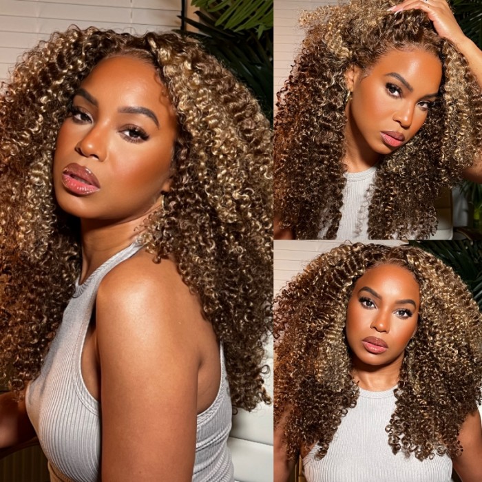 UNice Honey Blonde Sun Kissed Highlights 13x4 Lace Front Kinky Curly Wig