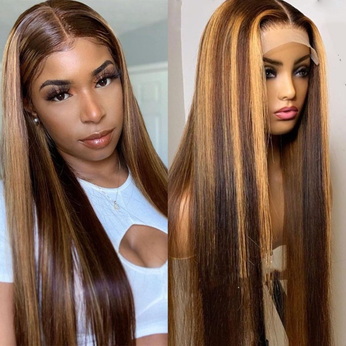 UNice T part Lace Part Straight Hair Wigs 150% density Honey Blonde Wig Brown Highlight Wig Long Straight