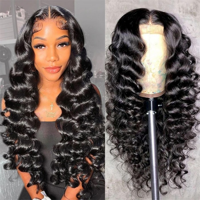 UNice Loose Deep Wave Natural Black 13x4 Lace Front Pre Plucked Wig With Baby Hair