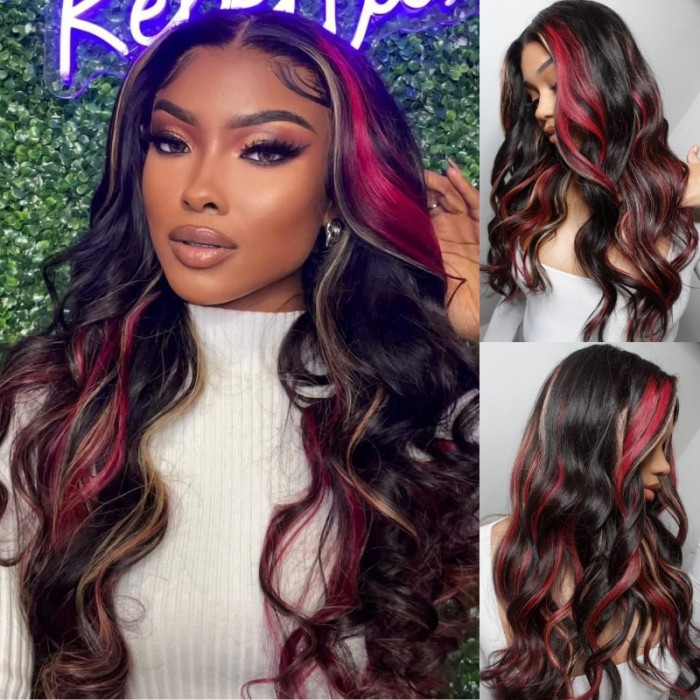 UNice Multi Color Highlights 13x4 Rainbow Lace Front Wig Loose Wave ...
