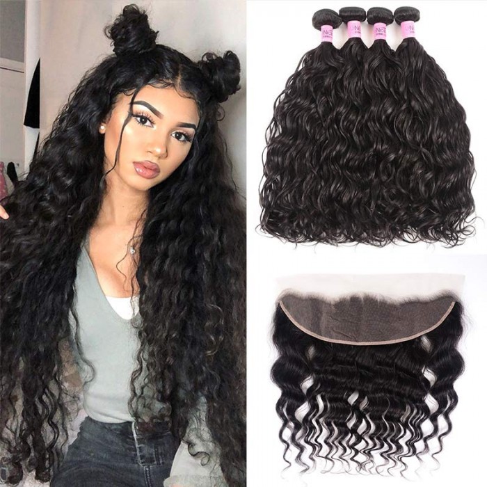 UNice Hair 4 Bundles Human Natural Wave Hair With 13x4 Lace Frontal