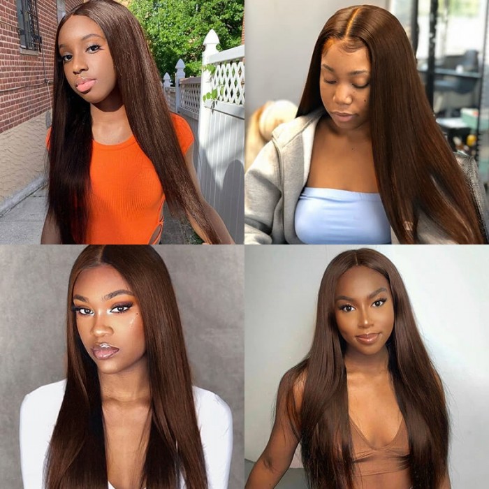 Nice Hair Straight T Part Wig Pre Plucked Middle Part 150% Density Upgrade Lace Part Wig Brown Color