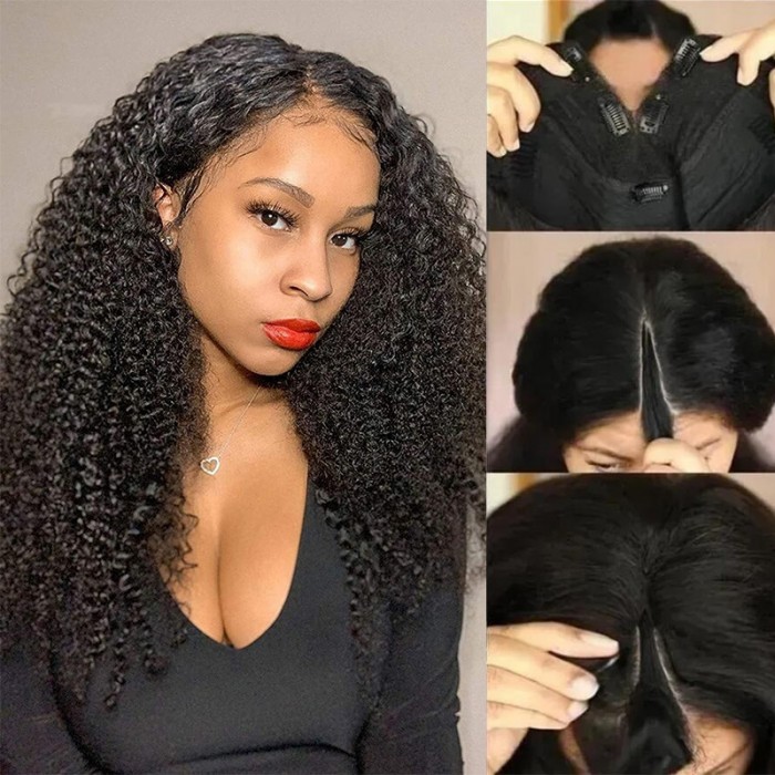 UNice V Part Kinky Curly Real Human Hair Wigs Coily Hair Wigs 150% Density NO Glue NO Gel 