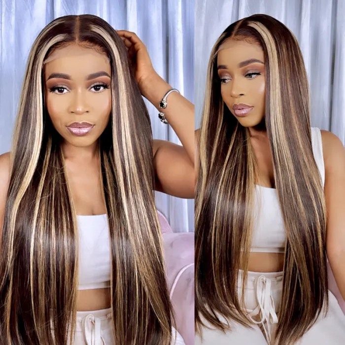 UNice 13x4 Lace Front Straight Brown Wig With Blonde Streaks In Front