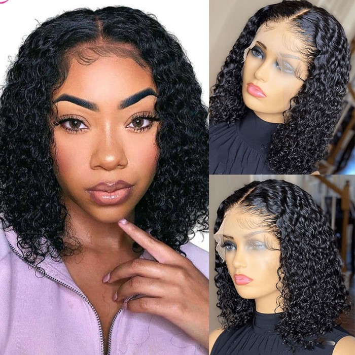 Flash Sale Popular  Natural Black Human Hair Bobo Curly Wig With Hand-tied Lace 