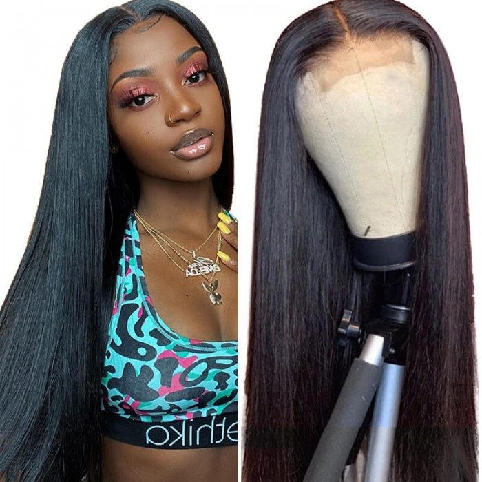 Fake Scalp Straight Human Hair Wigs for Women Middle Part Silky Straight Lace Closure Wigs